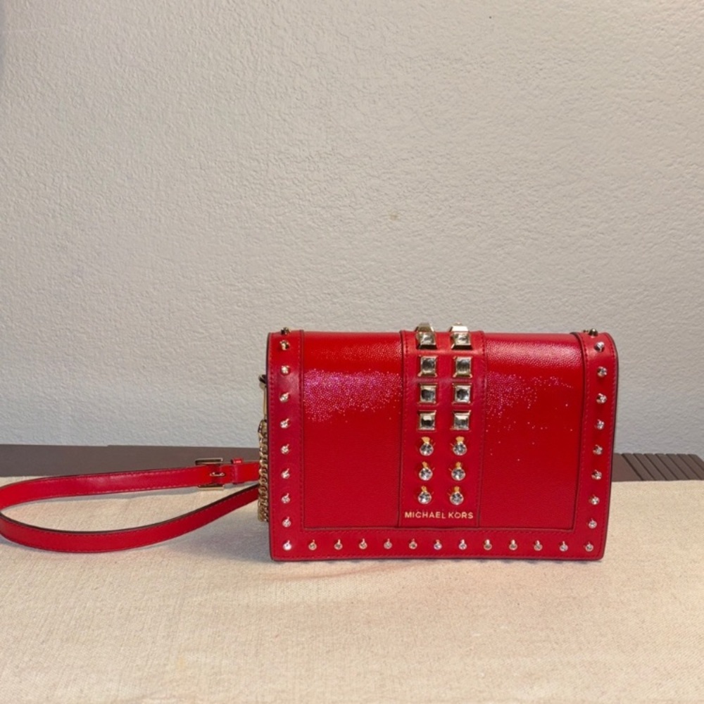 Michael Kors Red Leather Studded Crossbody with Gold Accents - Picture 5 of 5